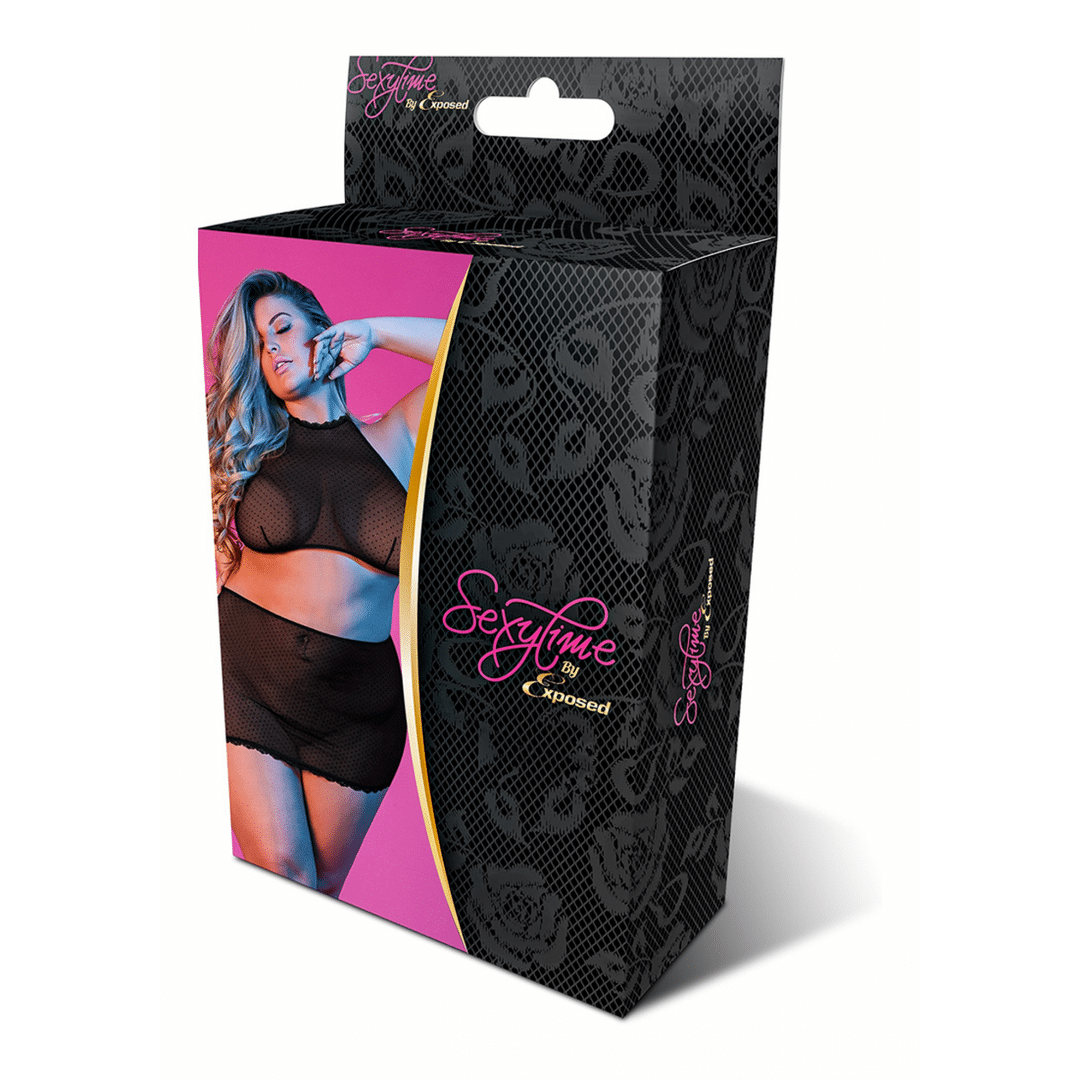 M197BLK2XL-2 Rok + top lingerie set met polkadot mesh voor verleidelijke curves – Exposed by Magic Silk - Afbeelding 1