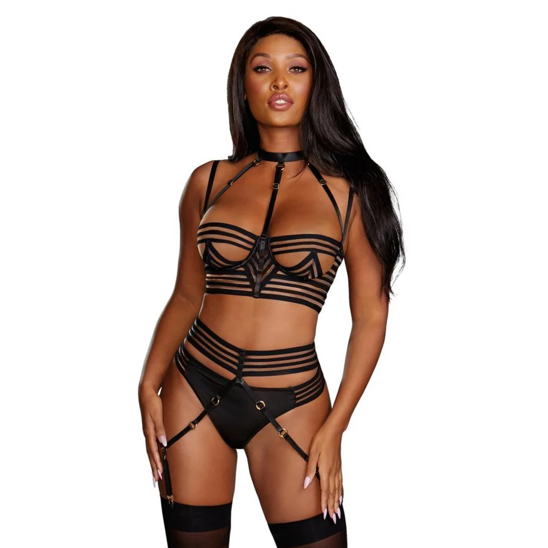 Completo lingerie a righe Dreamgirl con reggicalze - immagine 4