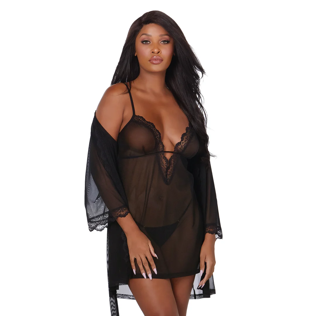 Dreamgirl Stretch Mesh Negligé und Morgenmantel Set, S – Bild 1