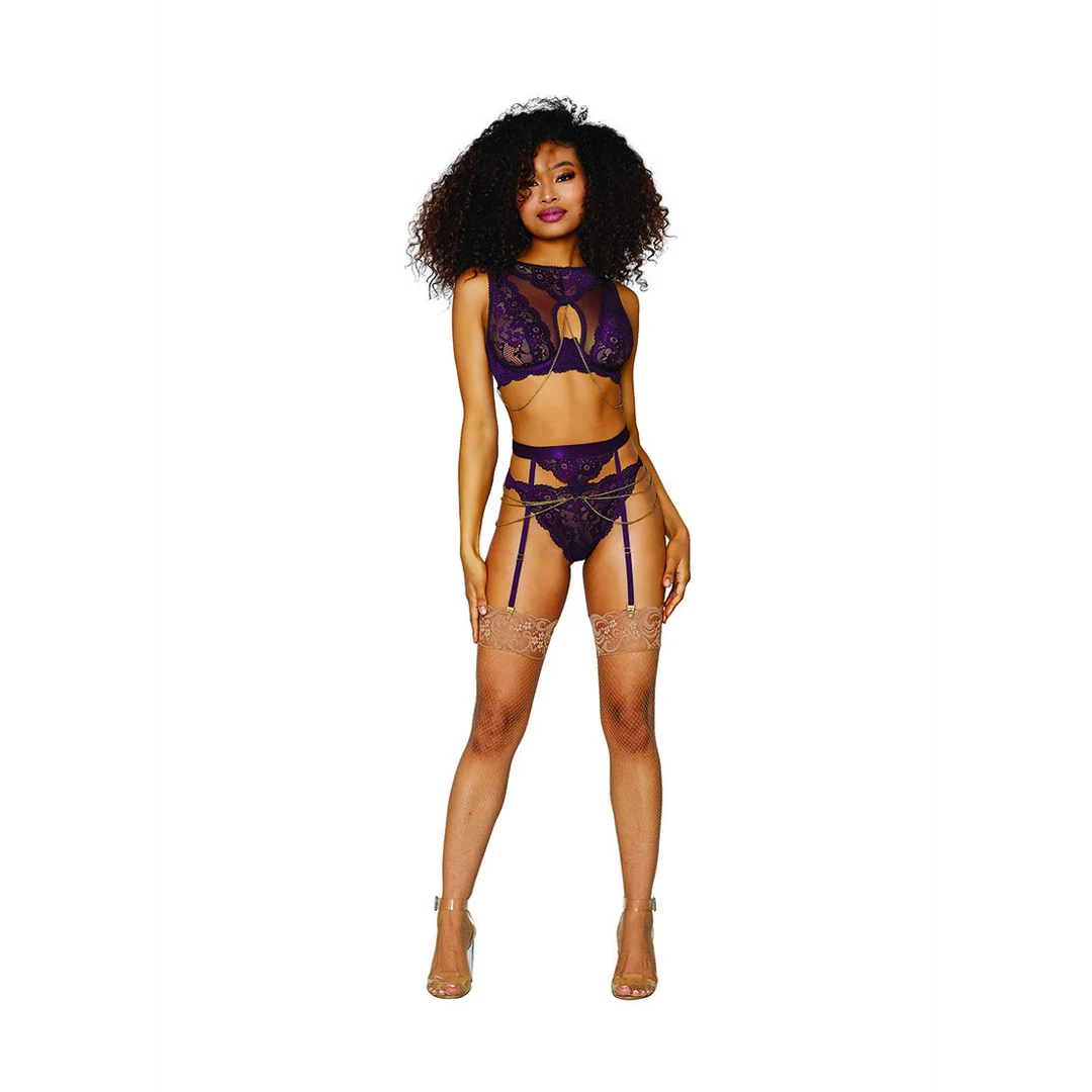 Completo lingerie reggicalze con catene dorate per un look sensuale, SexyPlus - immagine 2