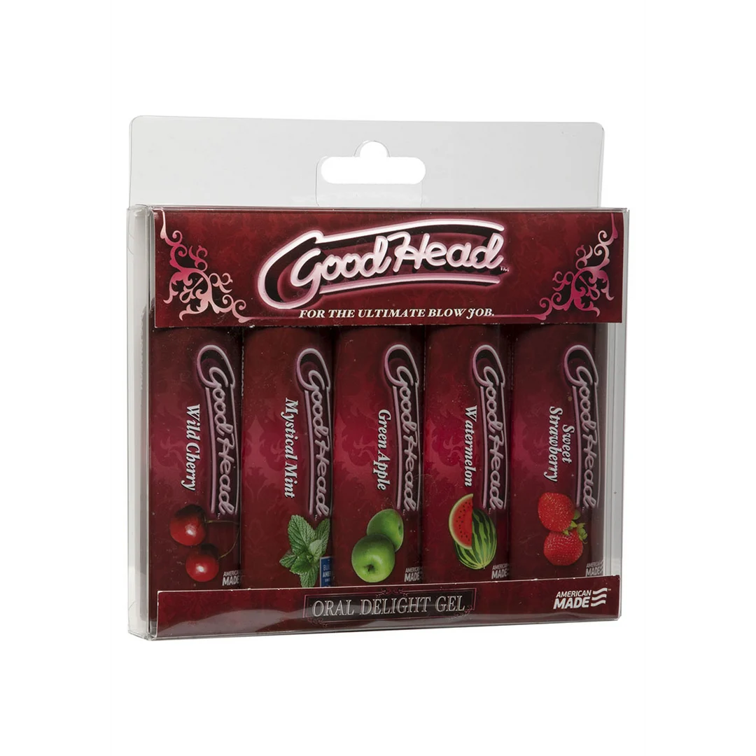 Glijmiddel met smaakje – GoodHead orale gel 5-pack voor orale seks – Kers, Munt, Watermeloen, Groene Appel, Zoete Aardbei – 5 x 1 fl oz / 30 ml – Doc Johnson - Afbeelding 1