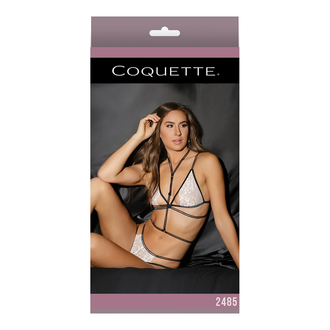 2485WHT-OS-2 Coquette Spitzenbralette, Slip und Harness mit offenem Schritt – Bild 1