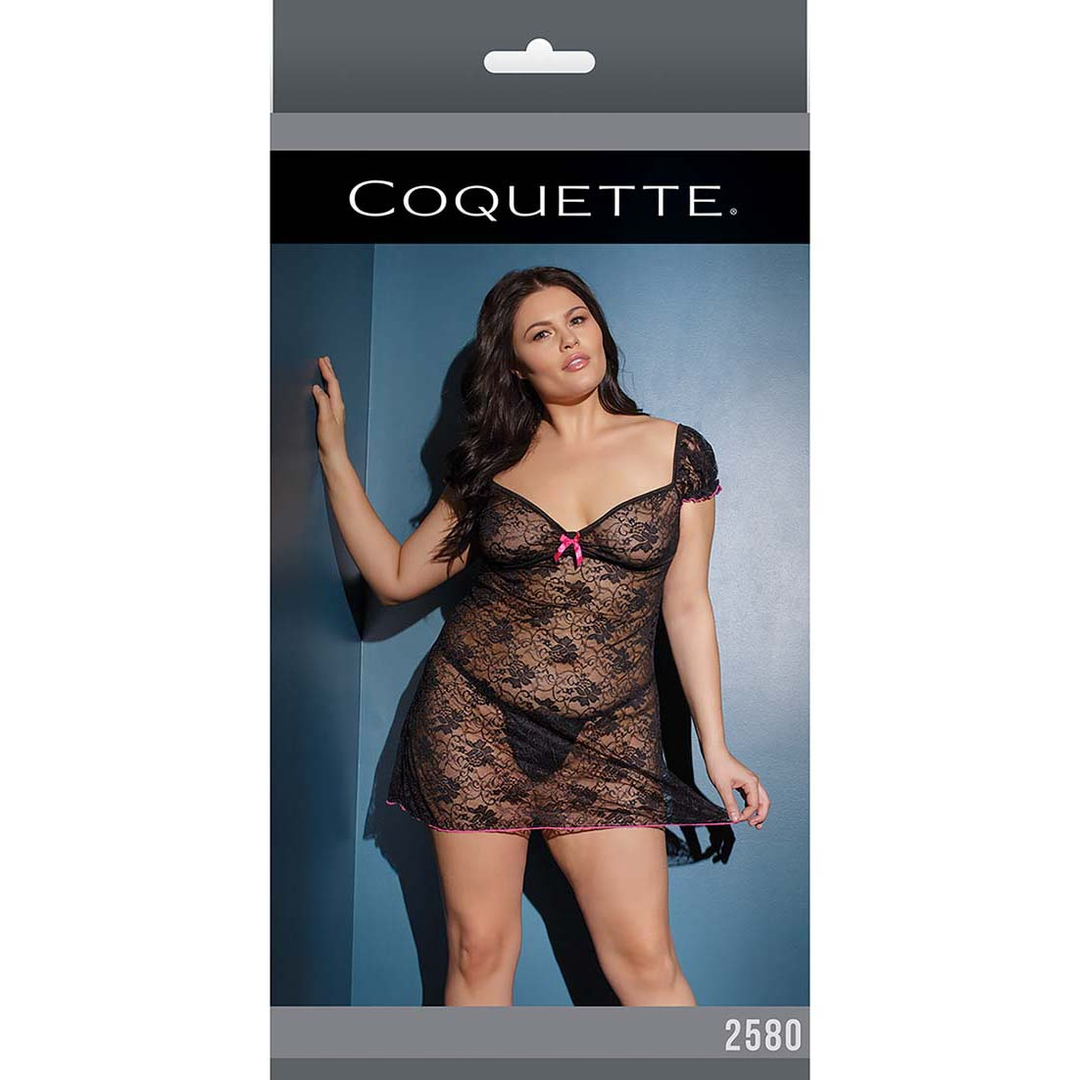 2580BL-PN-OSX-2 Plus size kanten babydoll met roze details en strik voor curvy looks – SexyPlus - Afbeelding 1
