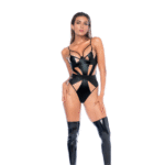 Glanzende zwarte bodysuit met nat-uitziende finish voor curves – LIN - Afbeelding 8