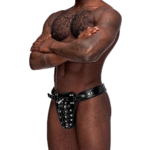 Heren string met chastity cage en immitatieleren pouch voor kinky look – Male Power - Afbeelding 4