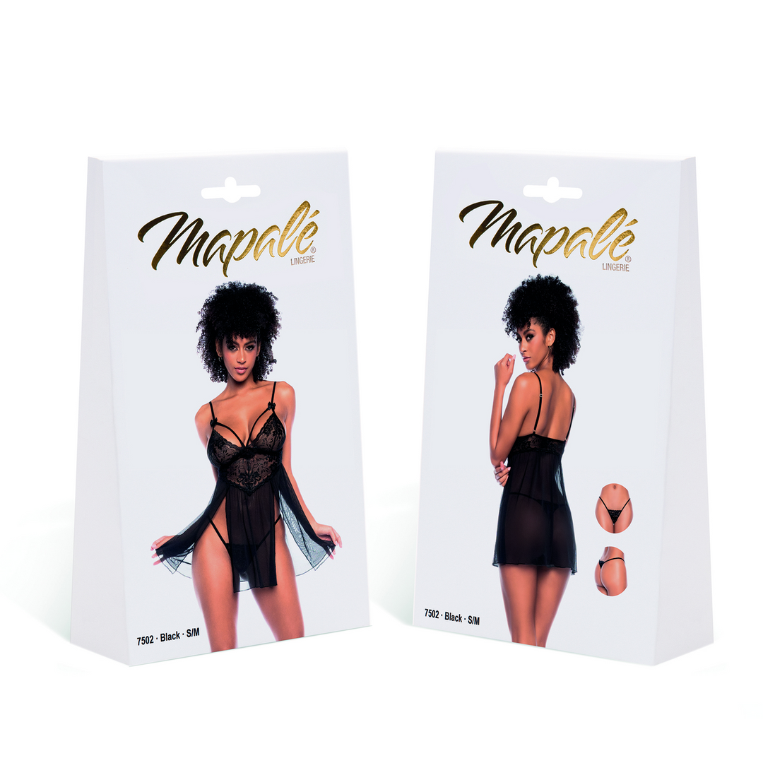 7502BLKLXL-2 Sexy babydoll met kanten bloemaccent voor curvy silhouet – LIN - Afbeelding 1