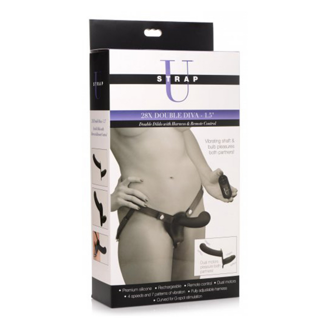 AG857-BLACK-2 vibrator – dubbel plezier met harnas en afstandsbediening – XR Brands, Zwart XR Brands - Afbeelding 1