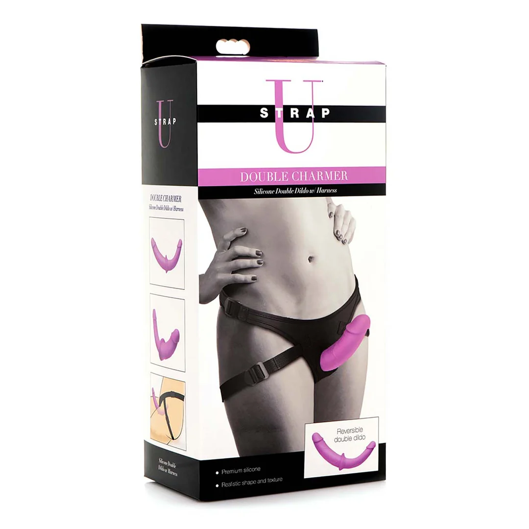 strap-on met verstelbare band – Double Charmer - Silicone Double Dildo met Harness - Afbeelding 1