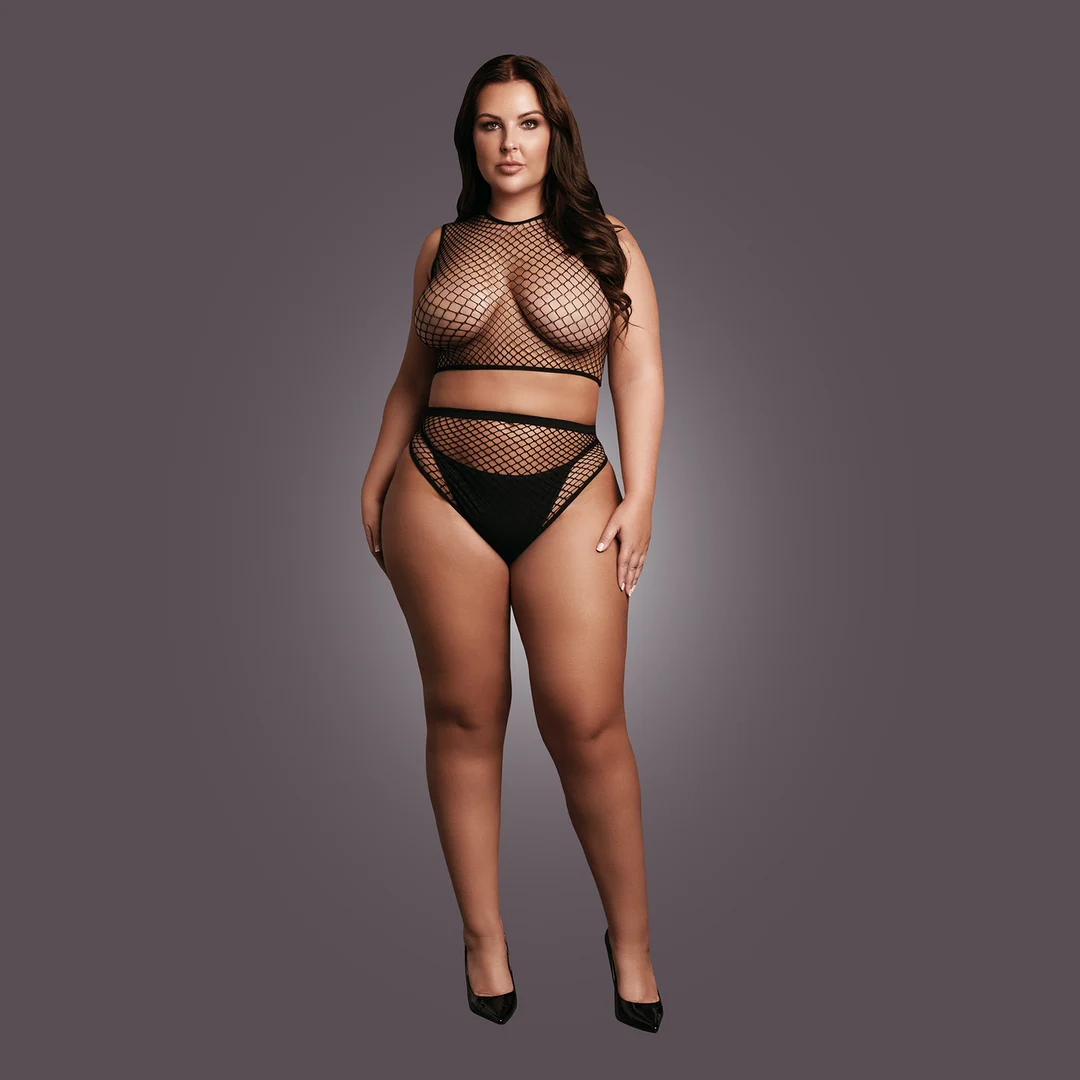 Sexy lingerie set met fishnet crop en open kruis voor curvy – OSX - Afbeelding 4