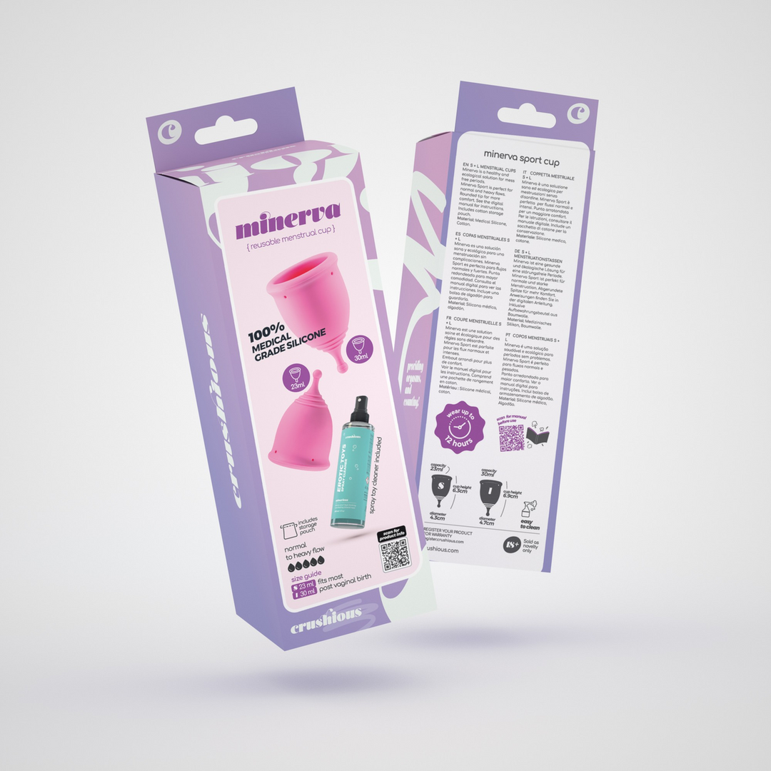 EX22110-2 Menstruatiecup met zakje – set S en L (23/30 ml) + speelgoedreiniger – Minerva – Roze - Afbeelding 1