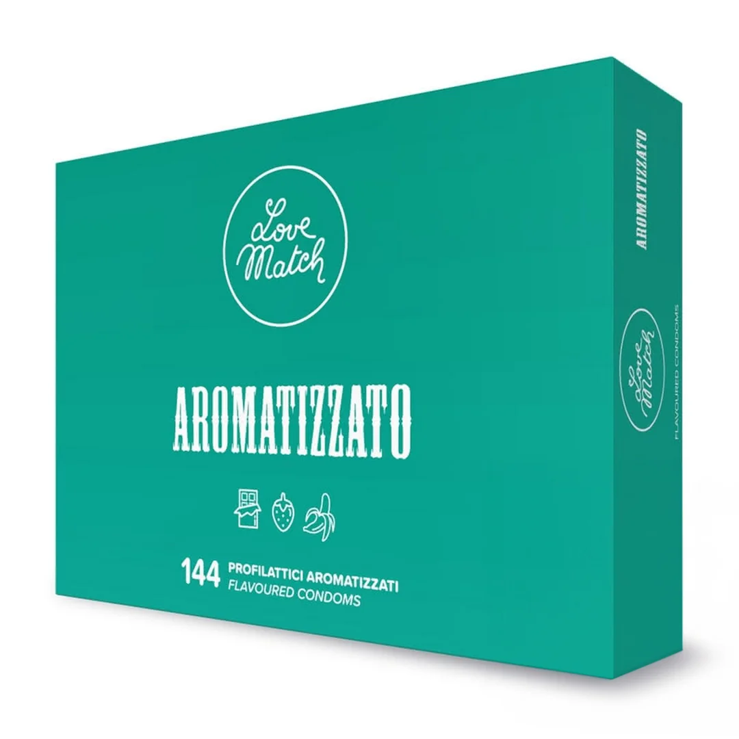 Gearomatiseerde condooms met chocolade, aardbei en banaan – 144 stuks – Love Match - Afbeelding 1