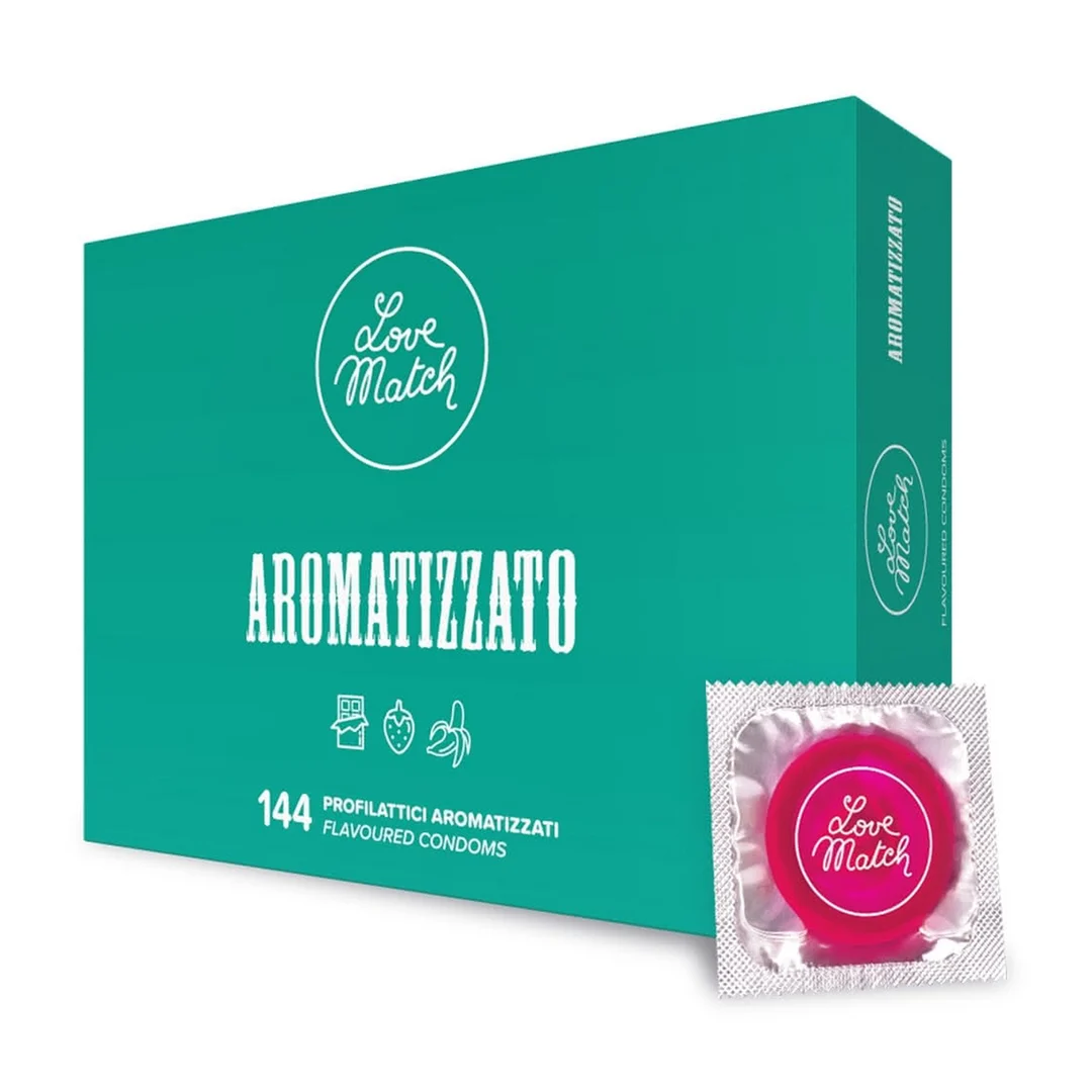 Gearomatiseerde condooms met chocolade, aardbei en banaan – 144 stuks – Love Match - Afbeelding 2