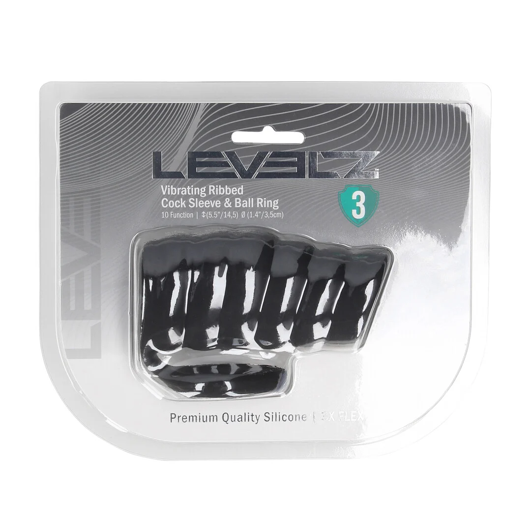 Manchon pénien vibrant nervuré en silicone Levelz by Shots avec anneau pour les testicules, noir – Image 1