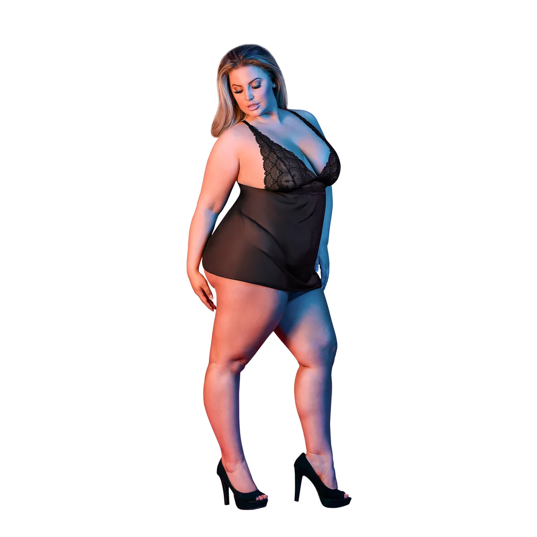 Babydoll nero con schiena scoperta e set con perizoma, taglia 2X - immagine 2