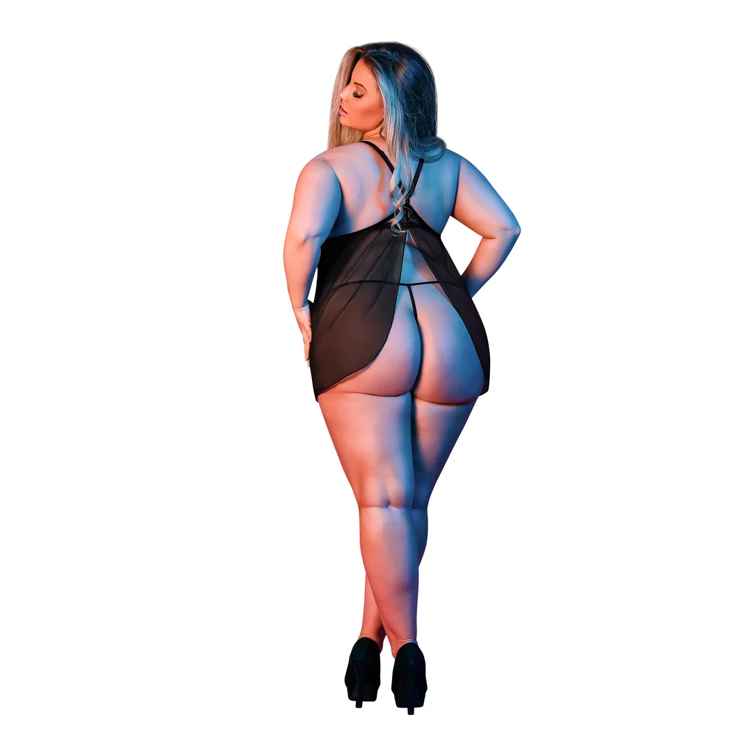 Babydoll nero con schiena scoperta e set con perizoma, taglia 2X - immagine 3