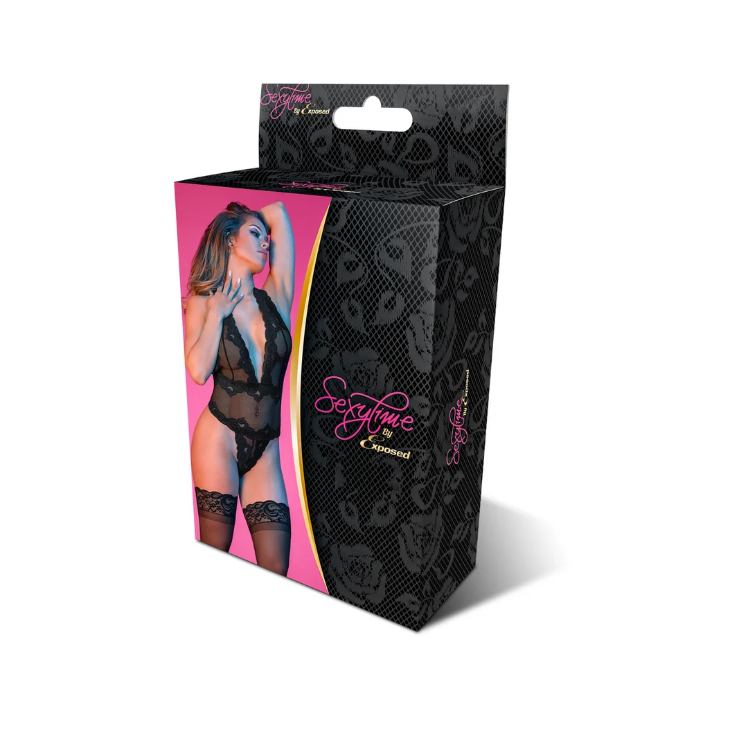 Spitzenbody mit Neckholder, tiefem V Ausschnitt und String für einen sinnlichen Look – Exposed – Bild 7