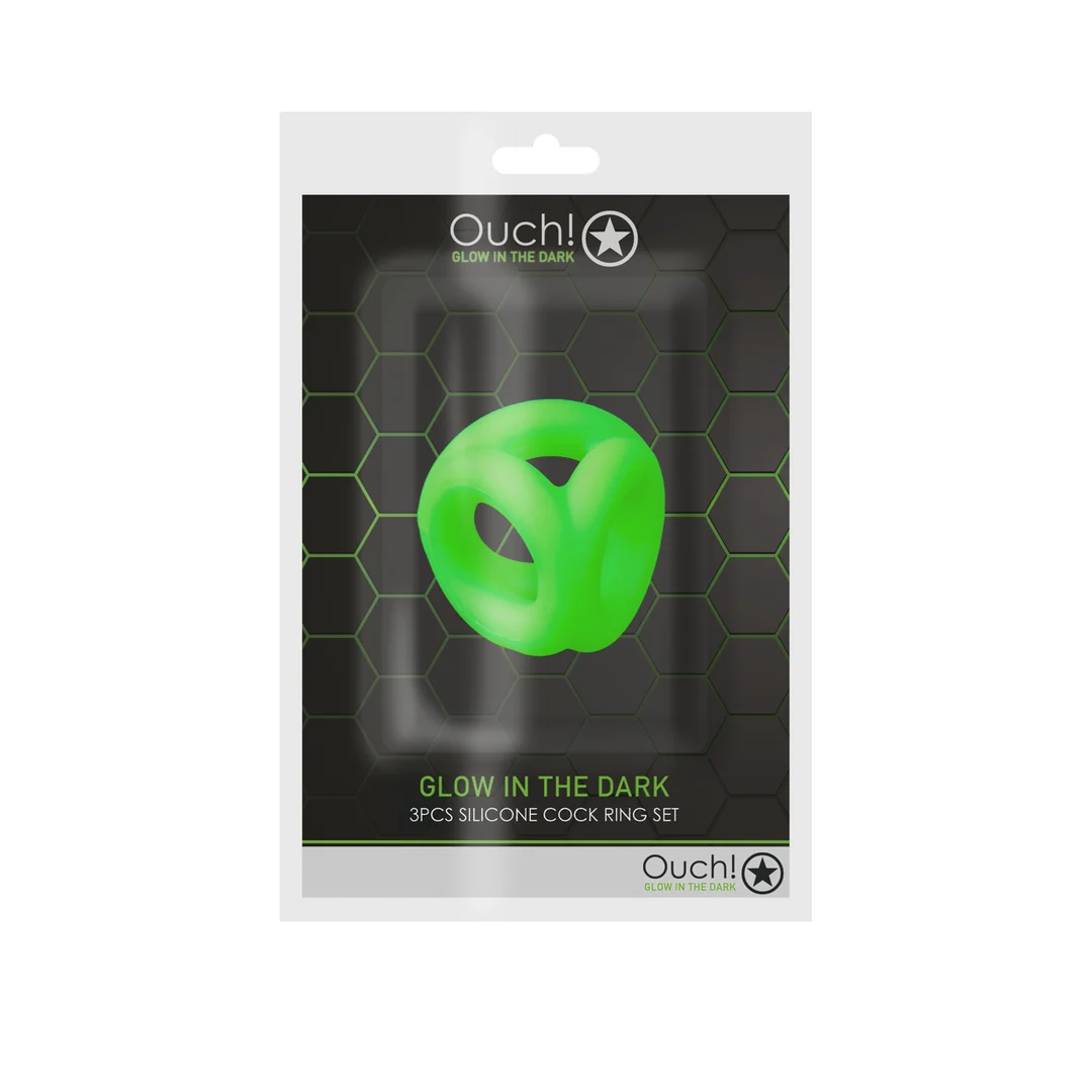 OU732GLO-2 Cockring Ouch! Glow in the Dark avec sangle pour testicules – Image 1