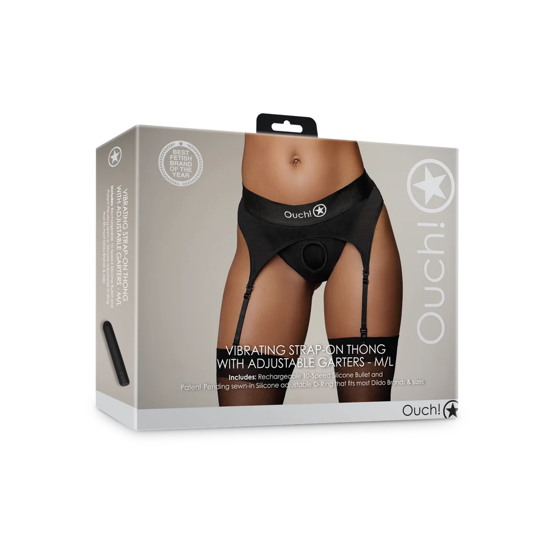 OU829BLKML1-2 Ouch! Perizoma vibrante con strap on e reggicalze regolabili - immagine 1