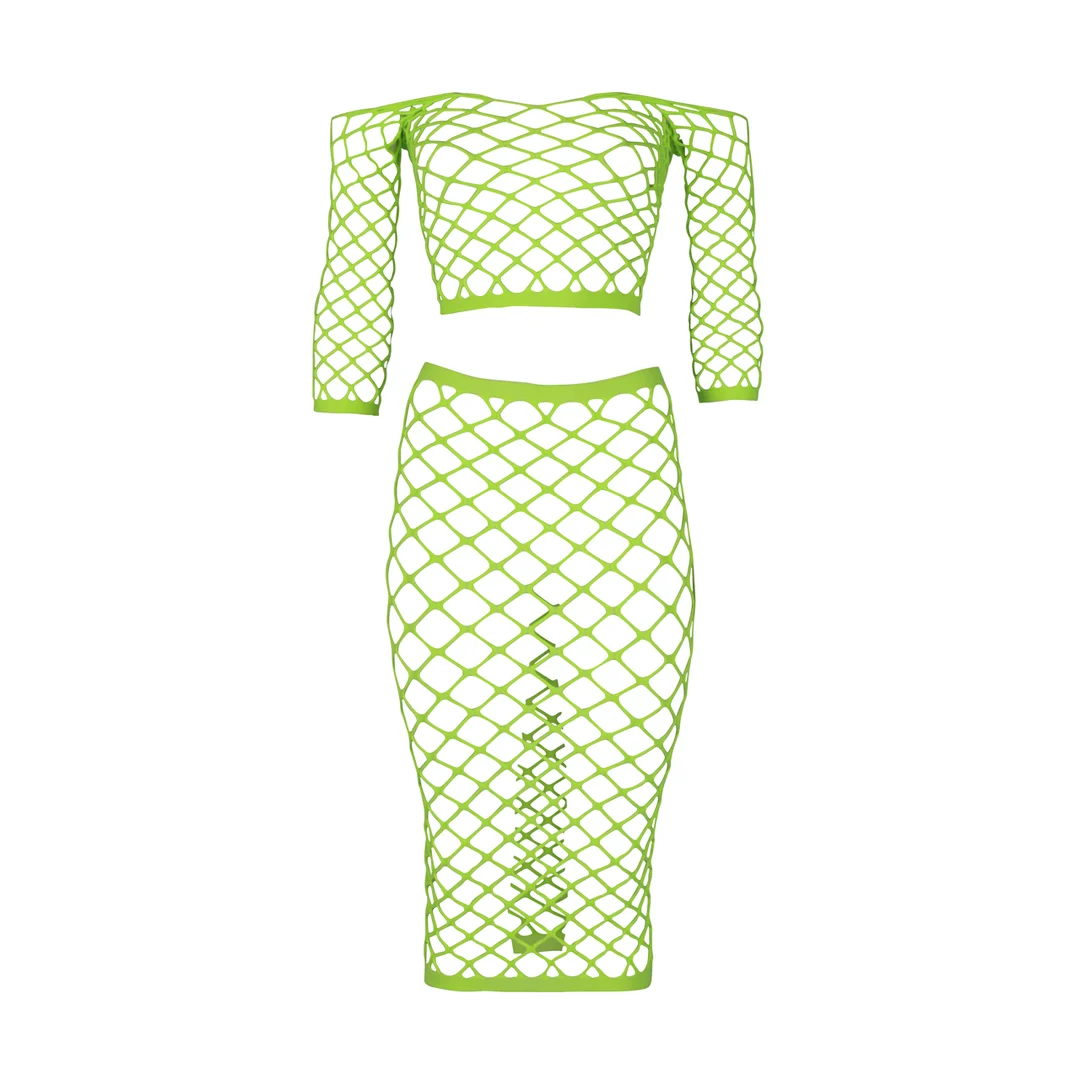 Neongrünes Crop Top mit langem Rock – Bild 5