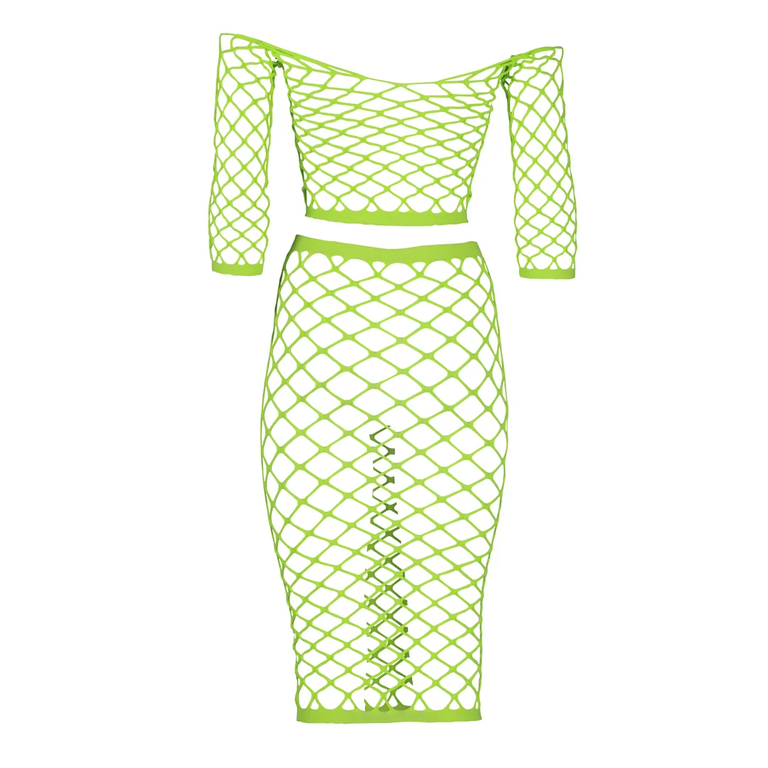 Neongrünes Crop Top mit langem Rock – Bild 6