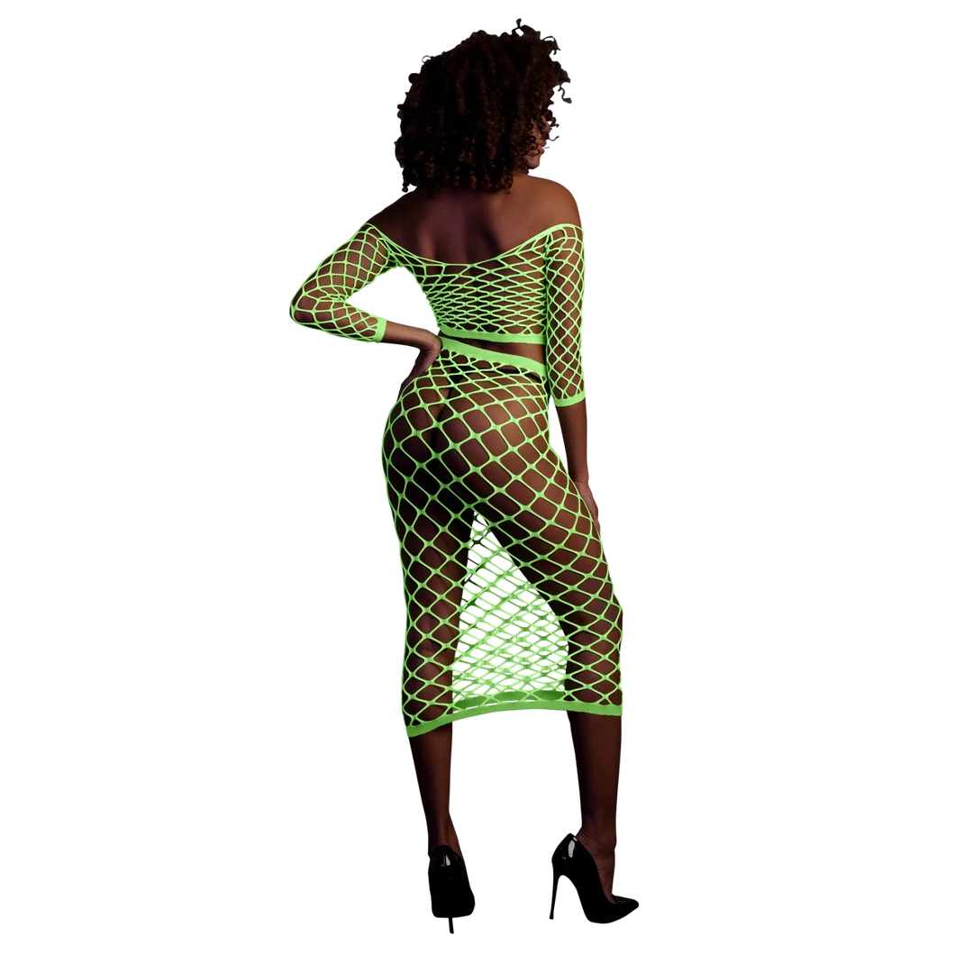 Neongrünes Crop Top mit langem Rock – Bild 2
