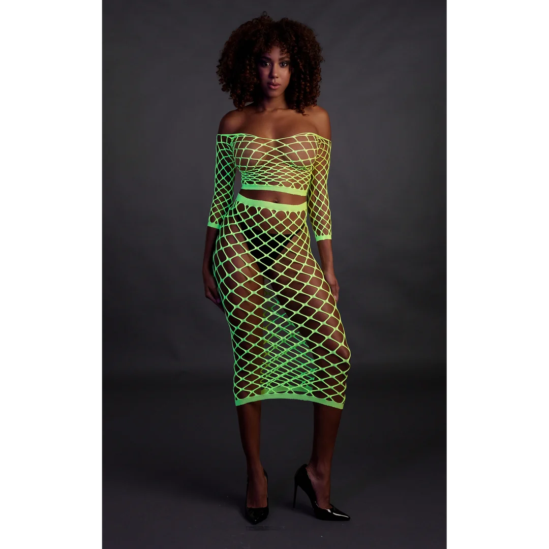 Neongrünes Crop Top mit langem Rock – Bild 3