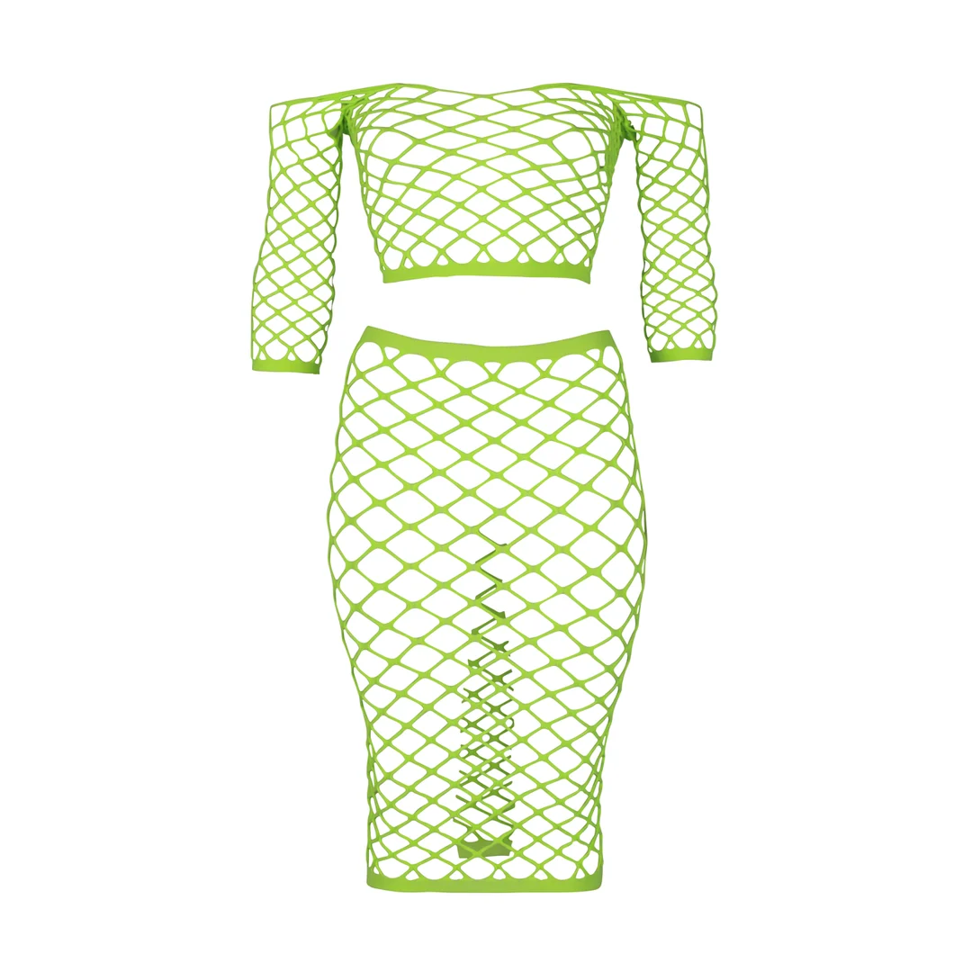 Neongrünes Crop Top mit langem Rock – Bild 11