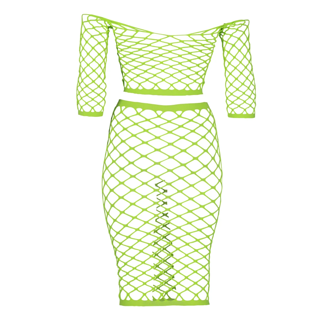 Neongrünes Crop Top mit langem Rock – Bild 12