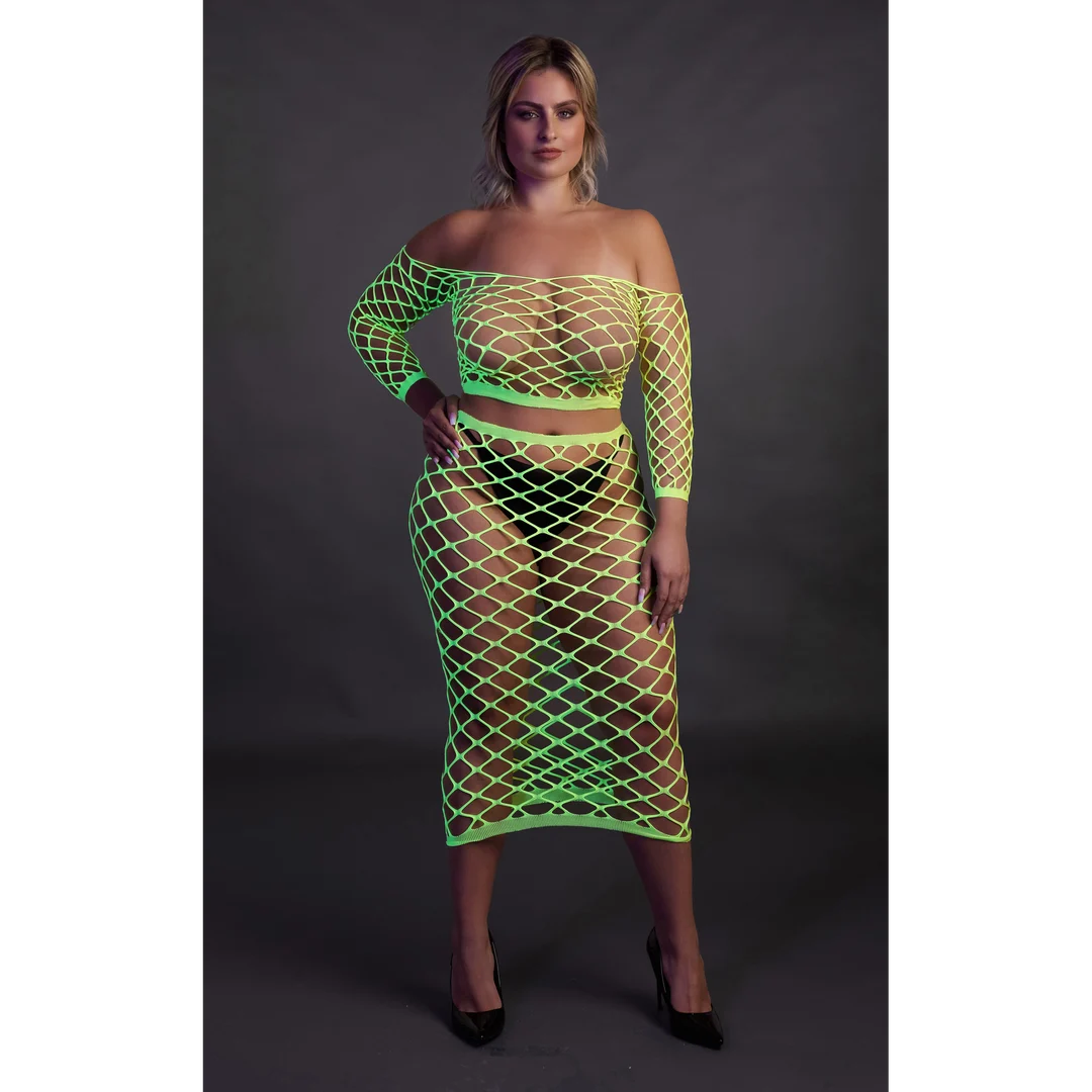 Neongrünes Crop Top mit langem Rock – Bild 9