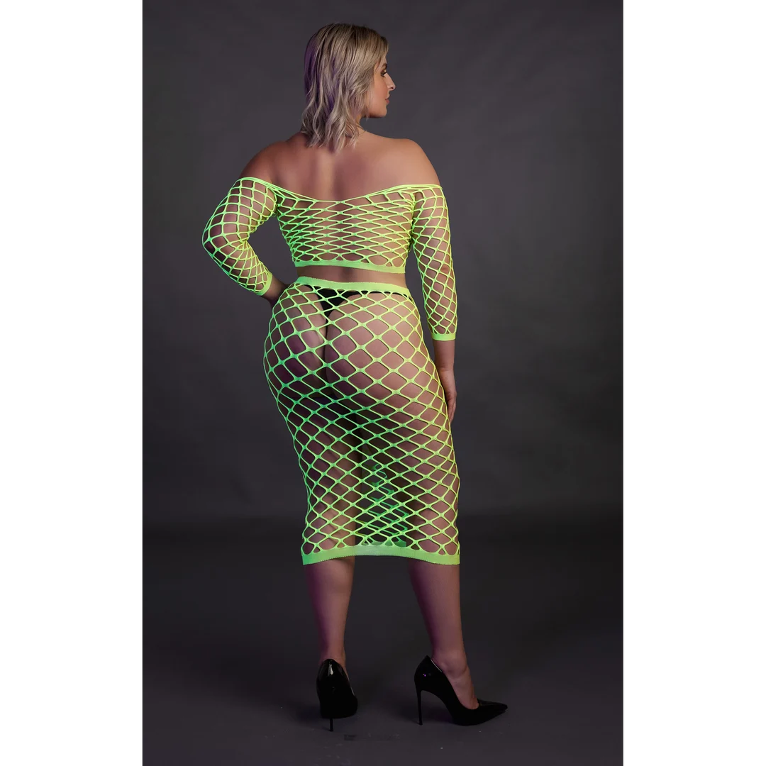 Neongrünes Crop Top mit langem Rock – Bild 10