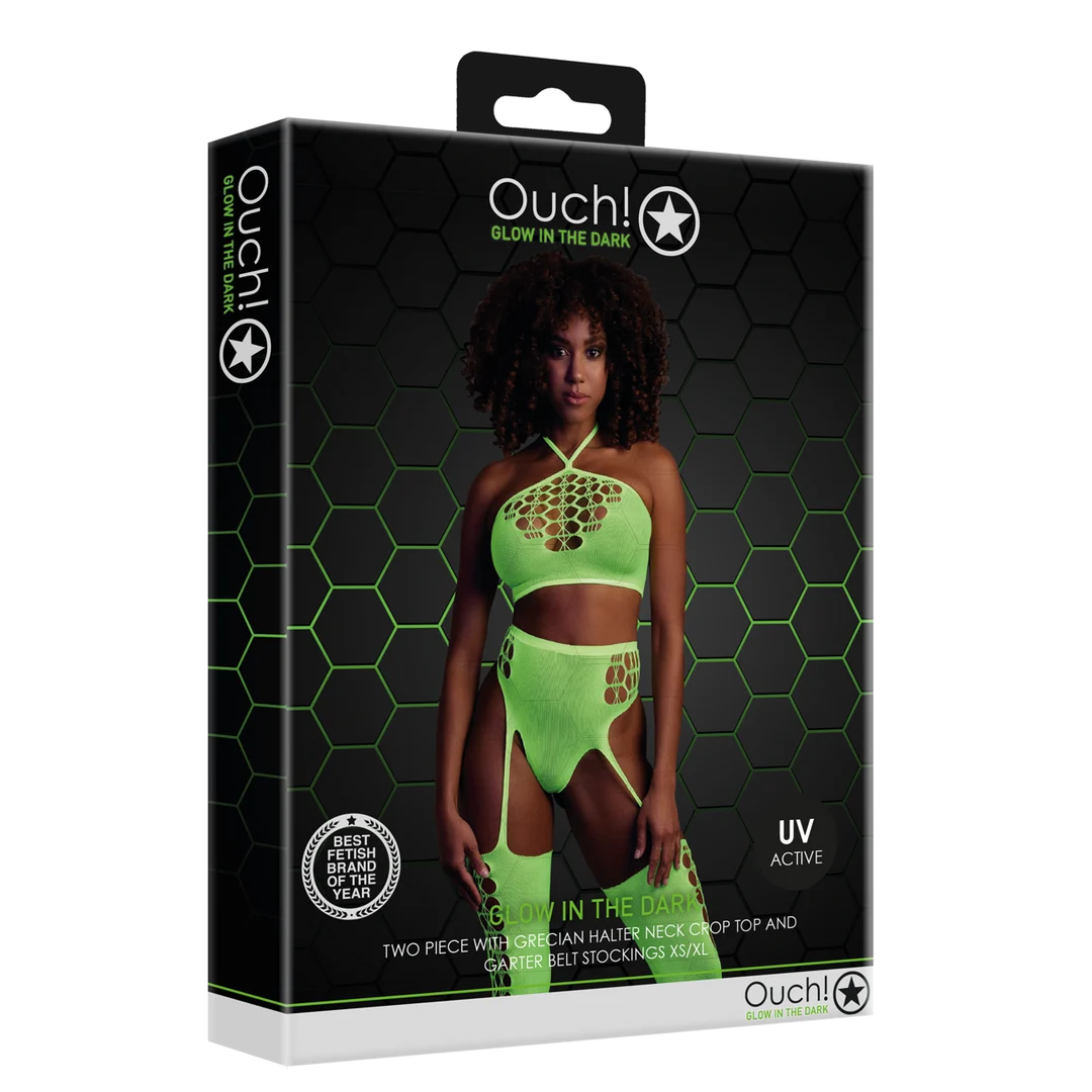 OU836GLOOS-2 Neongrünes Set mit Crop Top und Strümpfen – Bild 1