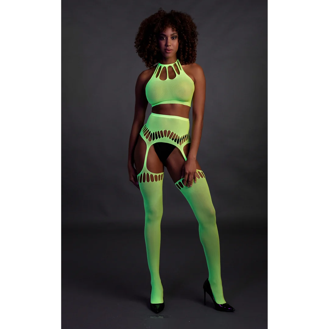 Neongrünes Set mit Crop Top und Strümpfen – Bild 3