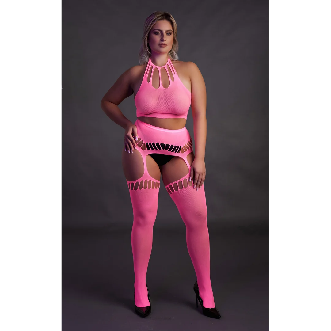 Neongrünes Set mit Crop Top und Strümpfen – Bild 15
