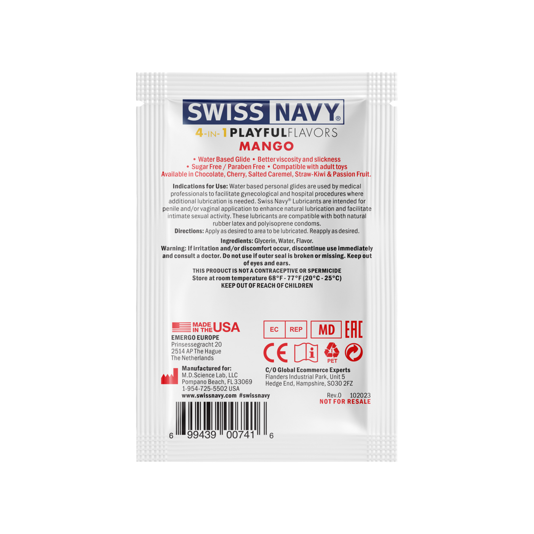 SN4N1FMG5ML_1 Glijmiddel met smaakje – 4 in 1 Playful Flavors, eetbaar en verwarmend – Mango – 5 ml Sachet – Swiss Navy - Afbeelding 1