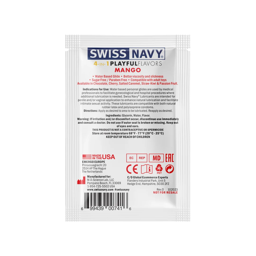 Glijmiddel met smaakje – 4 in 1 Playful Flavors, eetbaar en verwarmend – Mango – 5 ml Sachet – Swiss Navy - Afbeelding 8