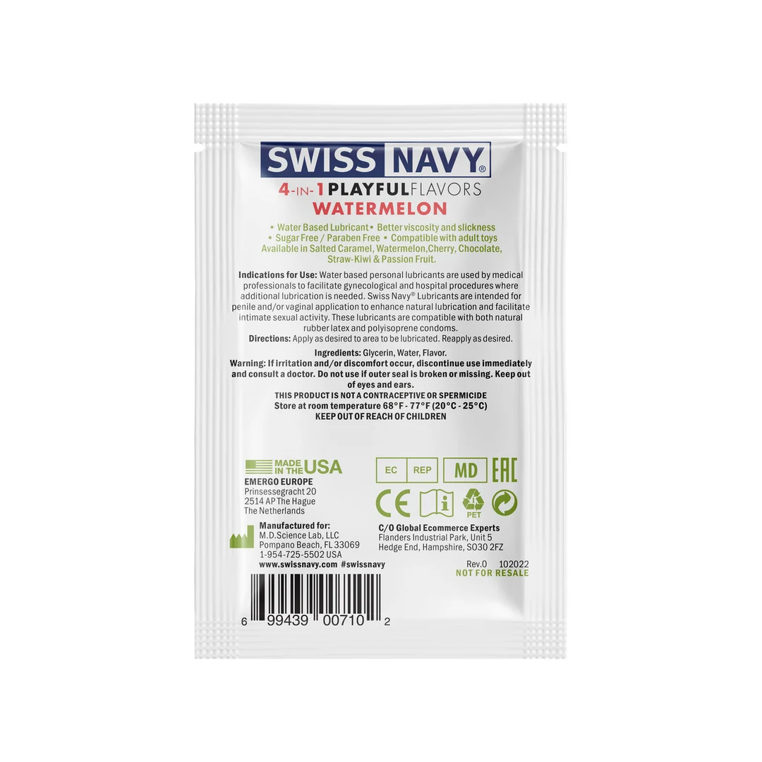 Glijmiddel met smaakje – 4 in 1 Playful Flavors glijmiddel met watermeloen – Watermeloen – 5 ml – Swiss Navy - Afbeelding 6